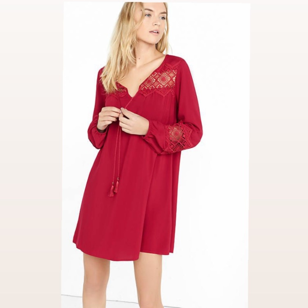 Y2K Express red boho dress long sleeves lace yoke inset sleeve string tie Medium